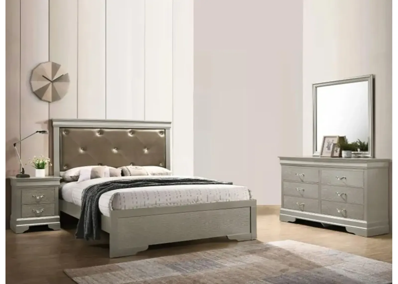 Lorana 4-pc. Upholstered Bedroom Set in Champagne by Glory Furniture