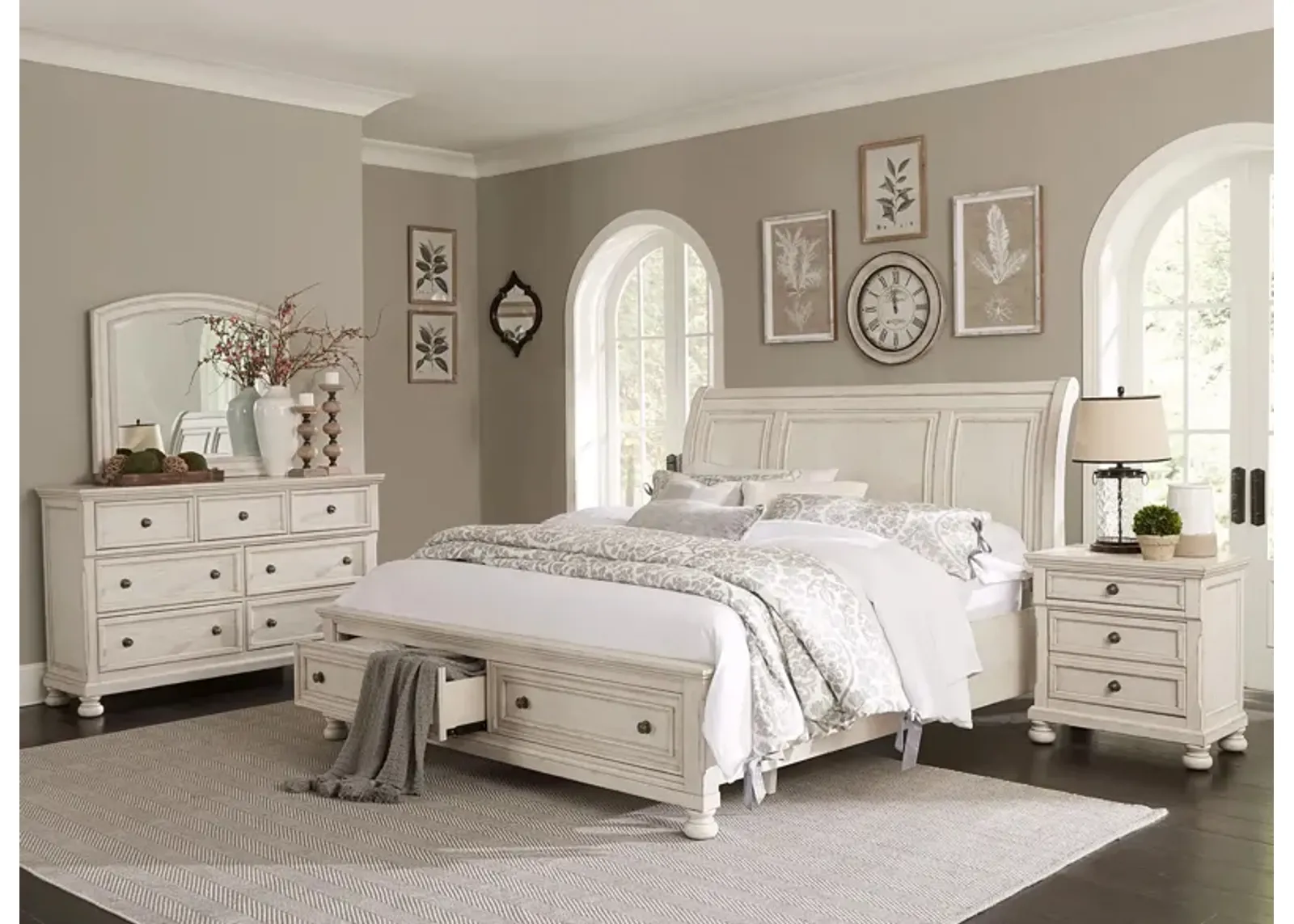 Donegan 5-Pc. Sleigh Platform Storage Bedroom Set in Wire-Brushed White by Homelegance