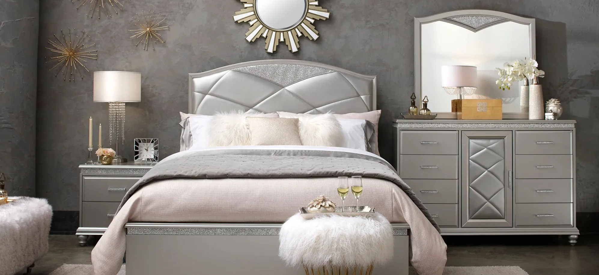 Amina 4-pc. Bedroom Set in Silver by Crown Mark