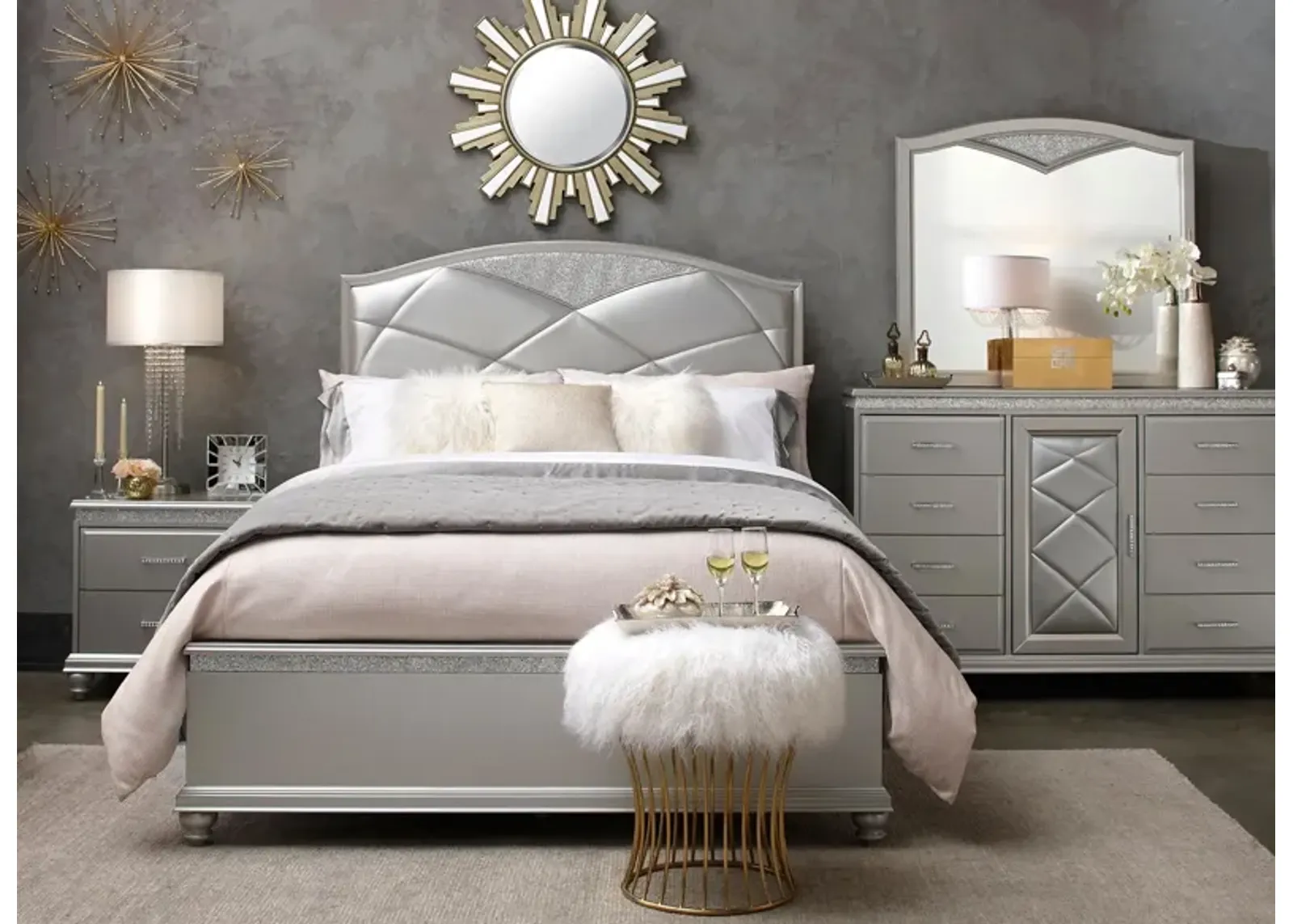 Amina 4-pc. Bedroom Set in Silver by Crown Mark