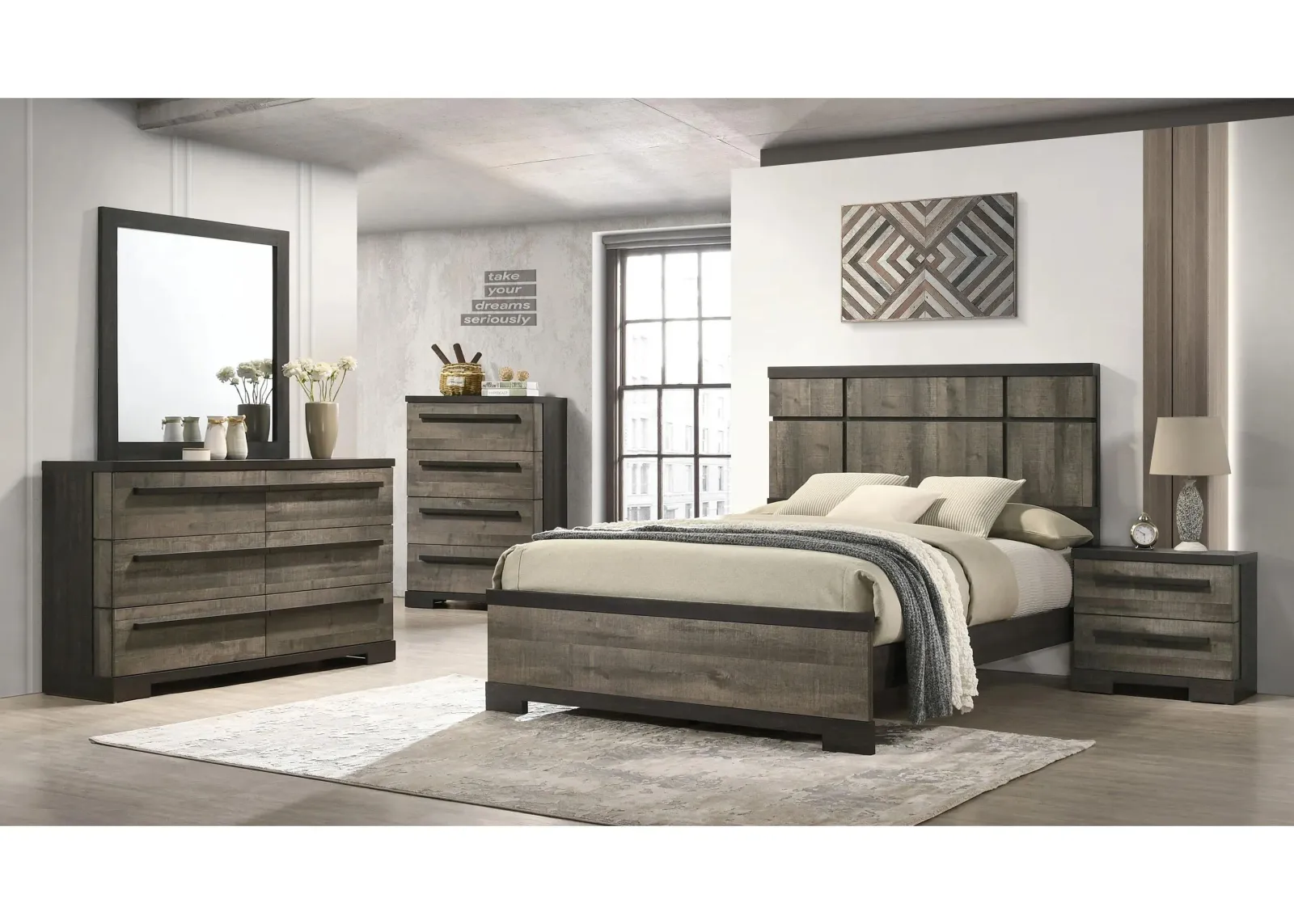 Remington 5-pc. Bedroom Set in Rustic Grey & Dark Ebony by Crown Mark