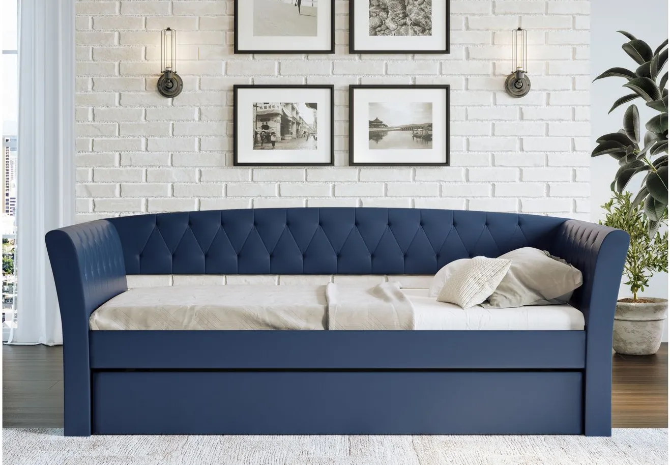 Patrick Faux Leather Daybed with Rolling Trundle Set in Blue by Boyd Flotation