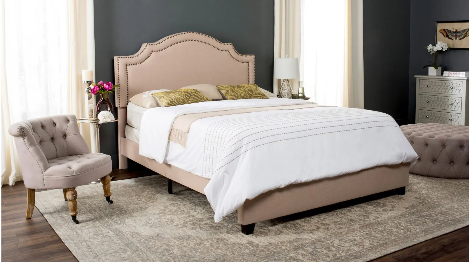 Theron Upholstered Bed in Light Beige by Safavieh