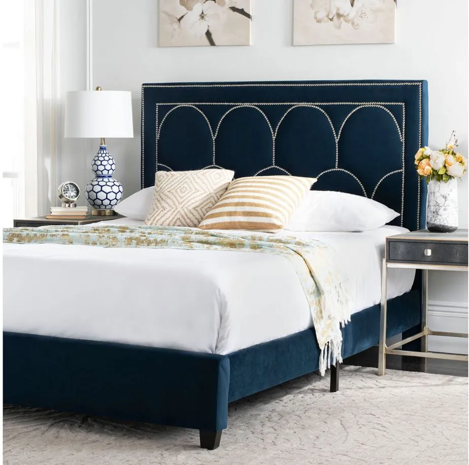 Solania Upholstered Bed in Navy Velvet by Safavieh