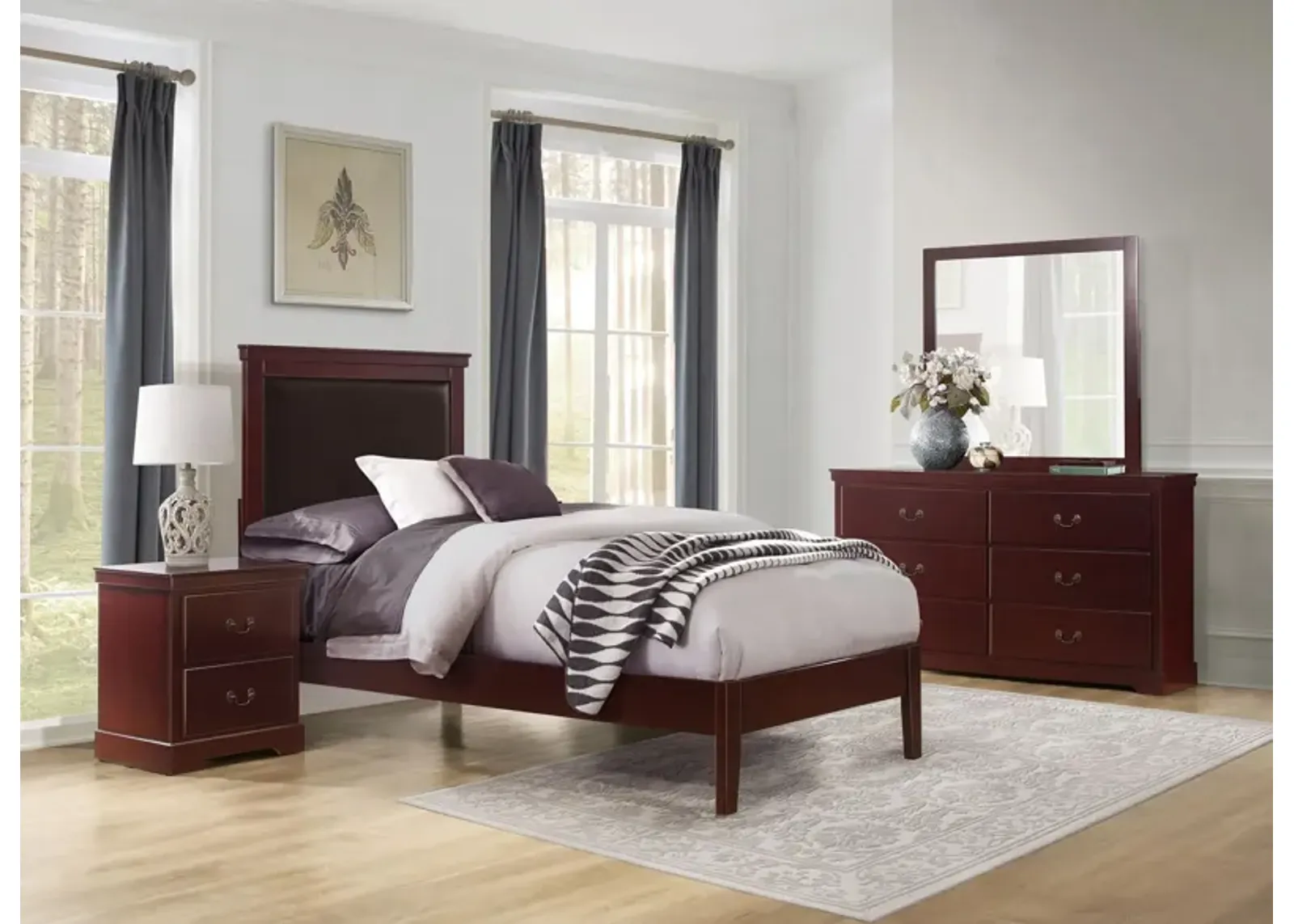 Place 4-pc Upholstered Bedroom Set in Cherry by Homelegance