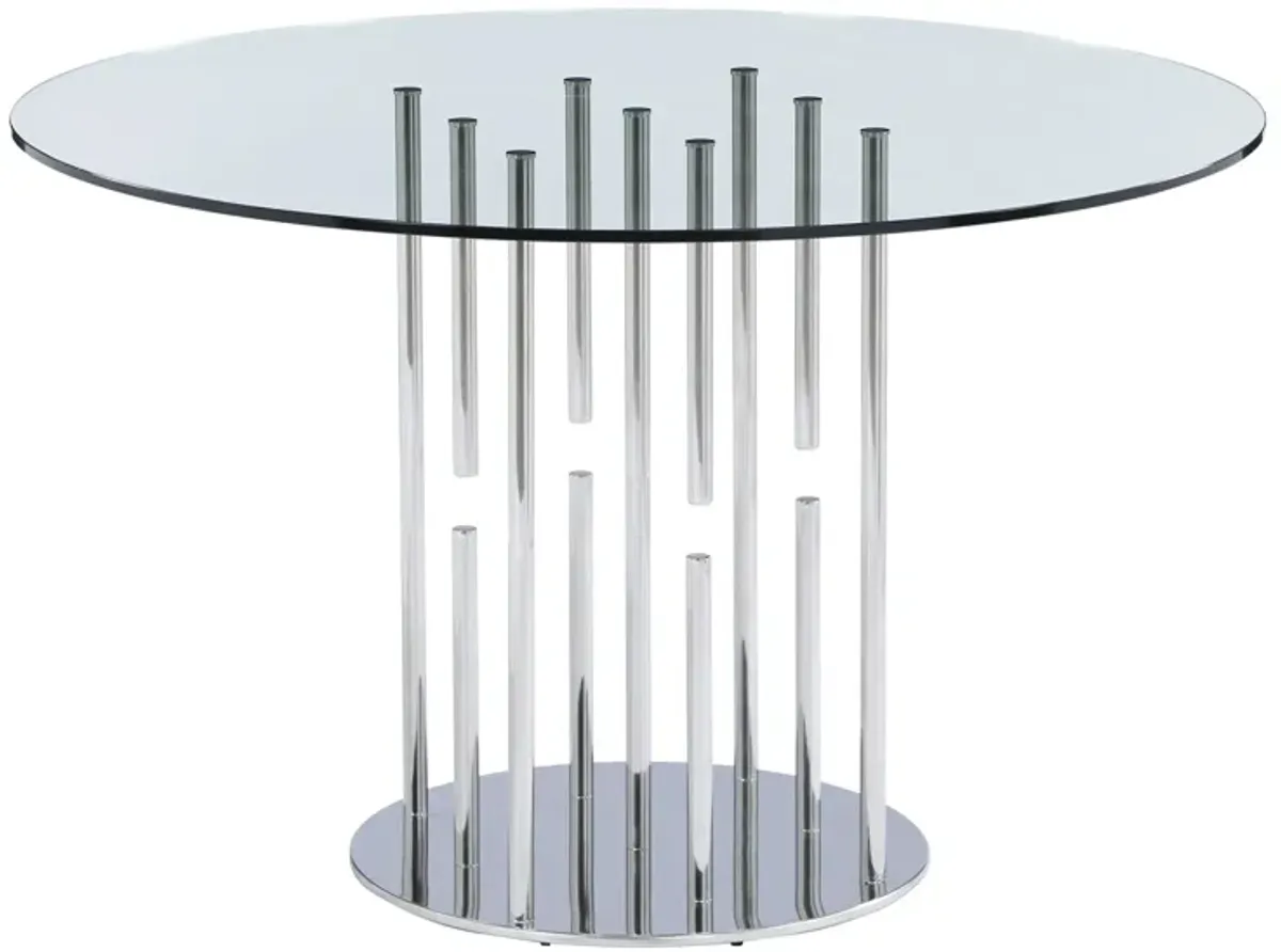 Prosper Pedestal Dining Table in Silver by Chintaly Imports