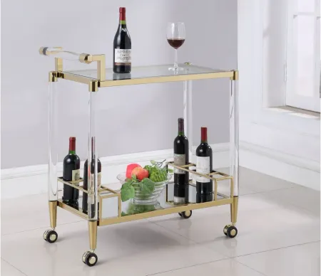 Denali Bar Cart in Brass/Clear by Chintaly Imports