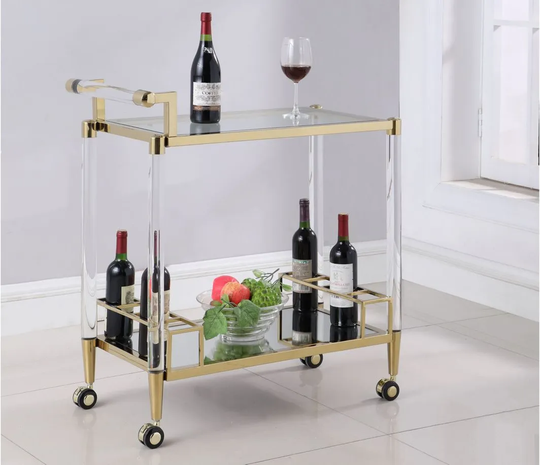 Denali Bar Cart in Brass/Clear by Chintaly Imports