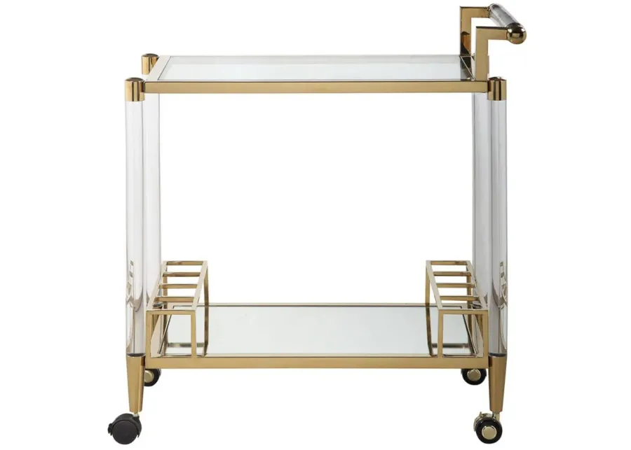 Denali Bar Cart in Brass/Clear by Chintaly Imports