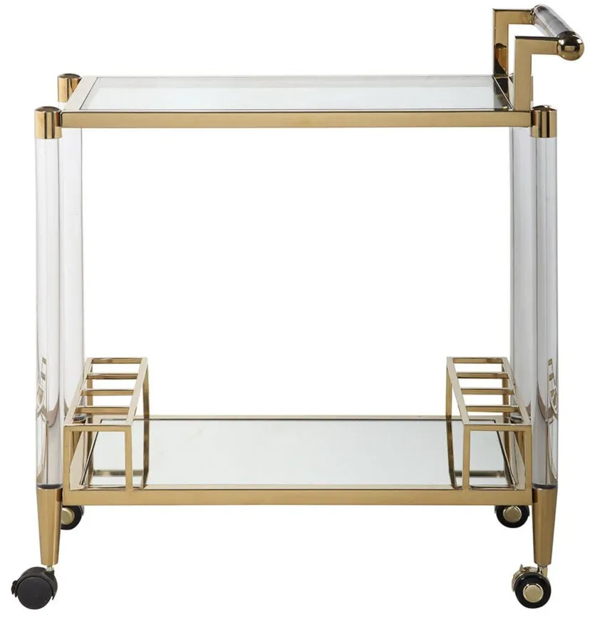 Denali Bar Cart in Brass/Clear by Chintaly Imports