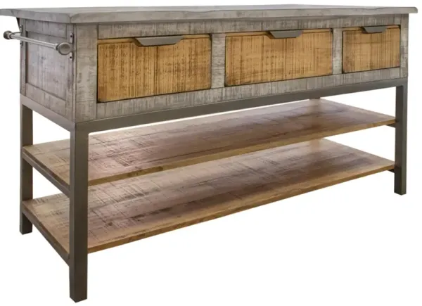 Mita Kitchen Island with 3 Drawers, 2 Shelves & Casters.