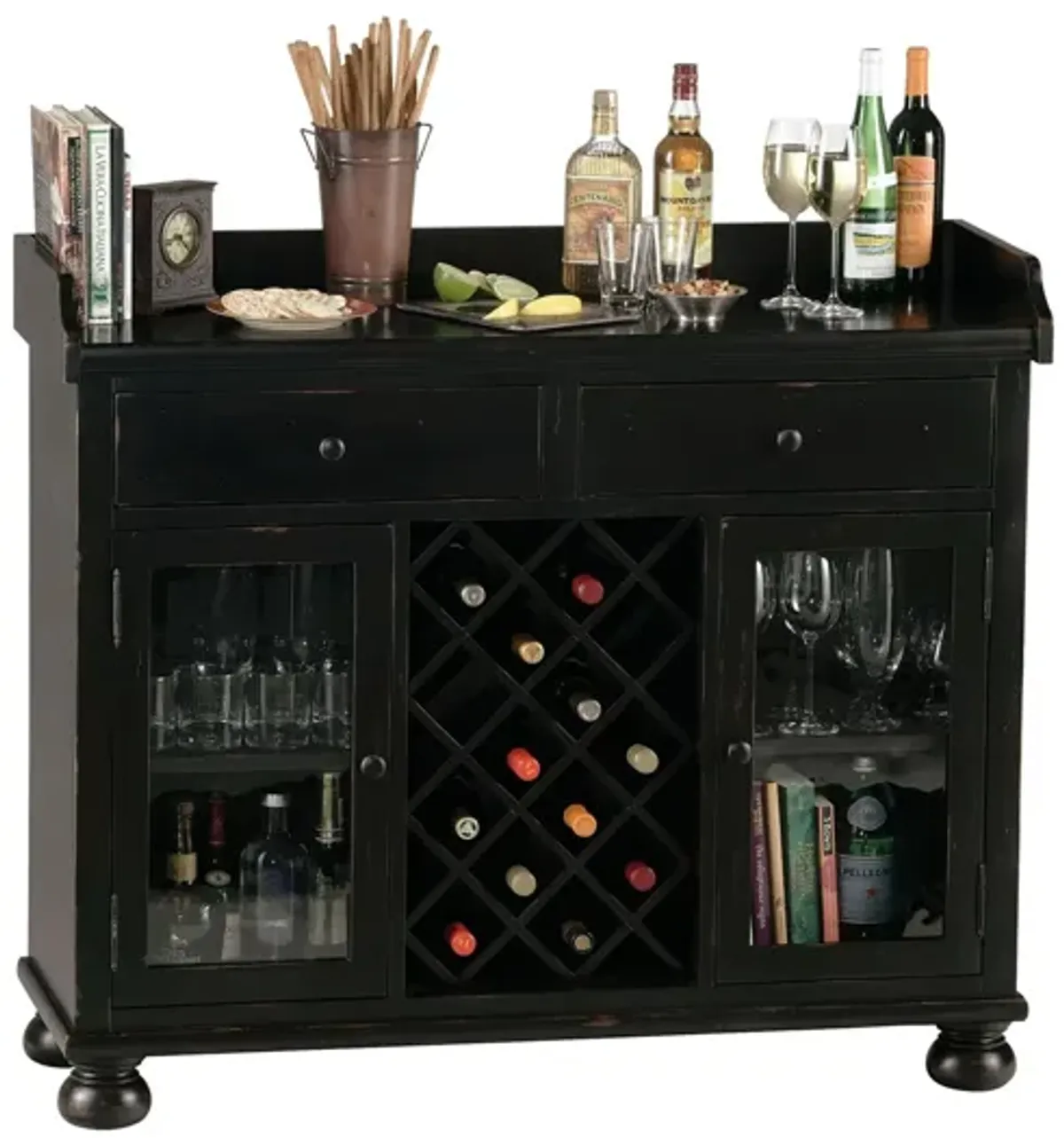 Cabernet Hill Wine Console in Worn Black (Brown Undertone) by Howard Miller Clock