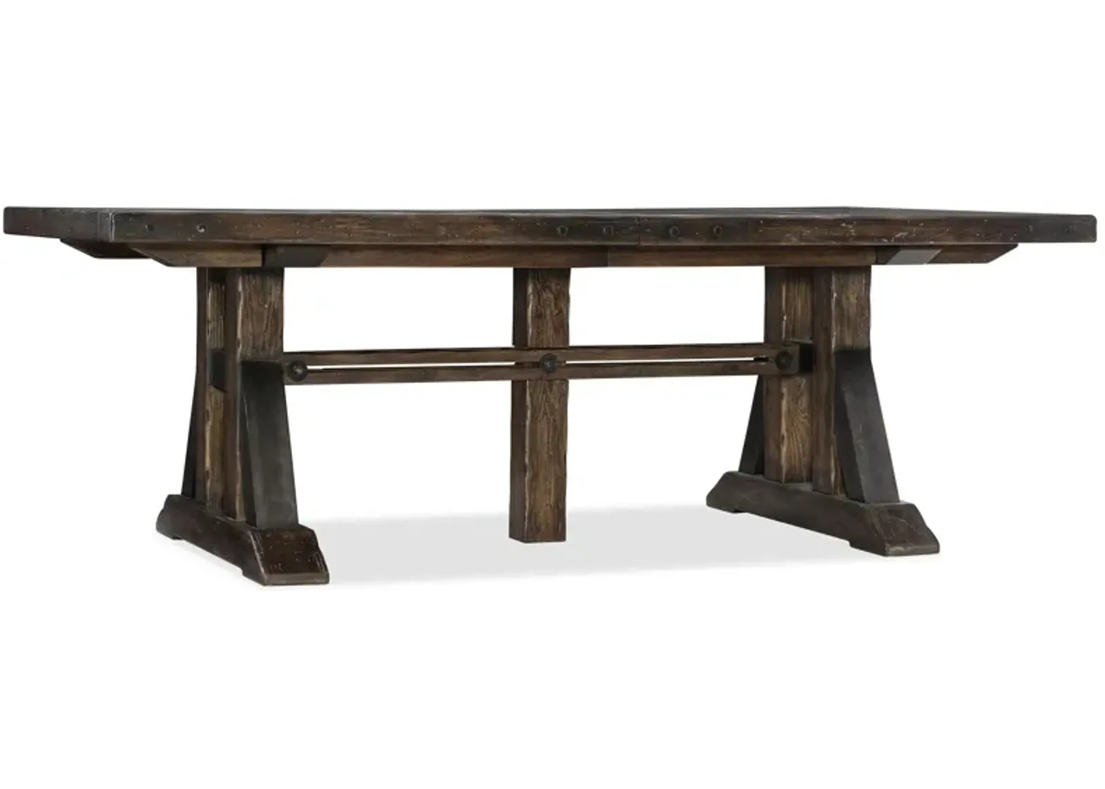 Roslyn County Rectangular Trestle Dining Table with Two Leaves in Dark Walnut by Hooker Furniture