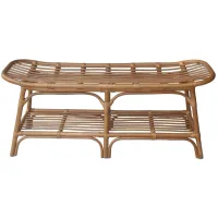 Damara Rattan Bench with Shelf in Canary Brown by New Pacific Direct