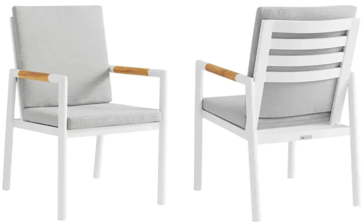 Crown White Aluminum and Teak Outdoor Dining Chair with Light Gray Fabric - Set of 2