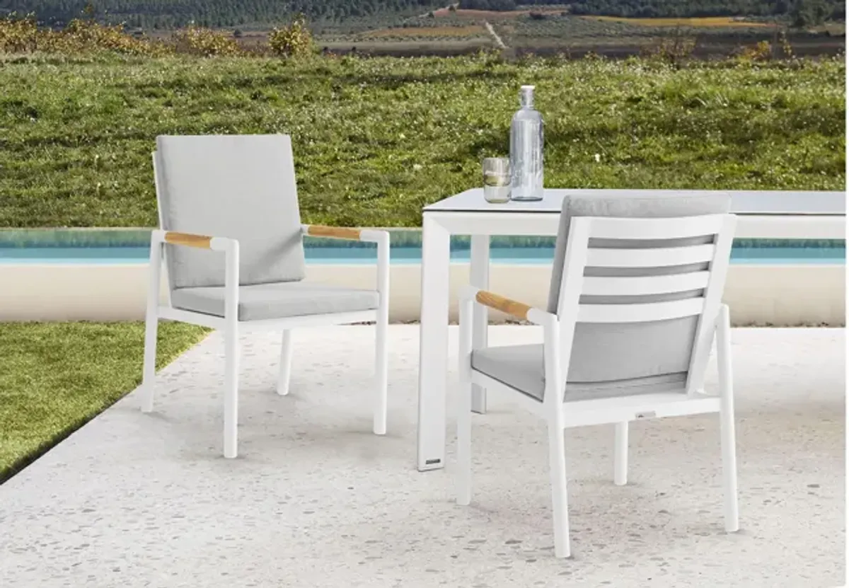 Crown White Aluminum and Teak Outdoor Dining Chair with Light Gray Fabric - Set of 2