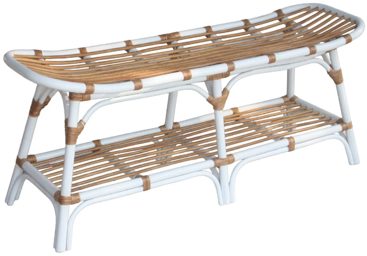 Damara Rattan Bench with Shelf in White by New Pacific Direct