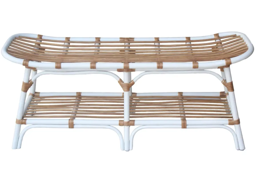 Damara Rattan Bench with Shelf in White by New Pacific Direct