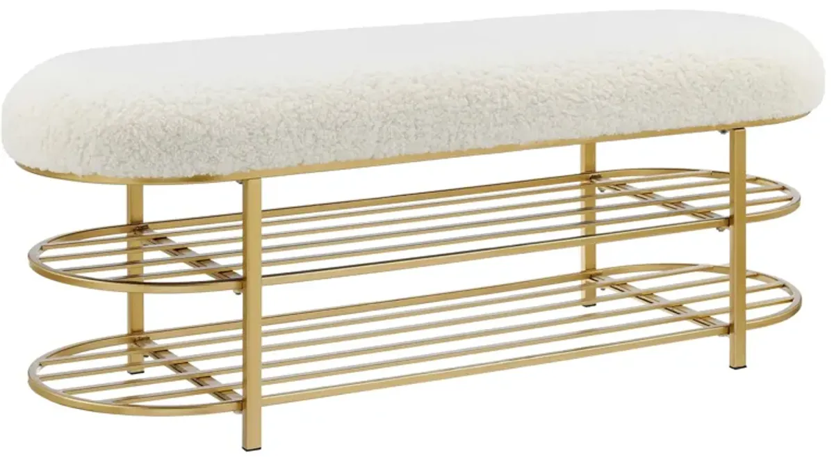 Frisly Shearling Fabric Bench with Shelf in Shearling Beige by New Pacific Direct