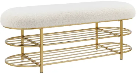 Frisly Shearling Fabric Bench with Shelf in Shearling Beige by New Pacific Direct