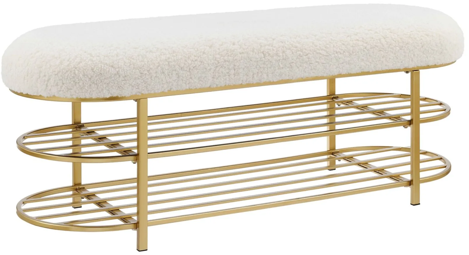 Frisly Shearling Fabric Bench with Shelf in Shearling Beige by New Pacific Direct