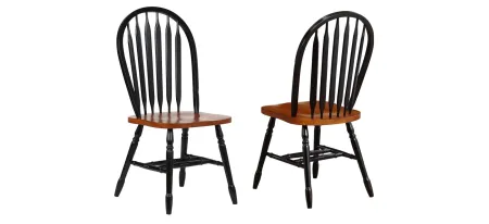 Arrowback Dining Chair Set of 2 in Distressed antique black with cherry and cherry finish seat by Sunset Trading