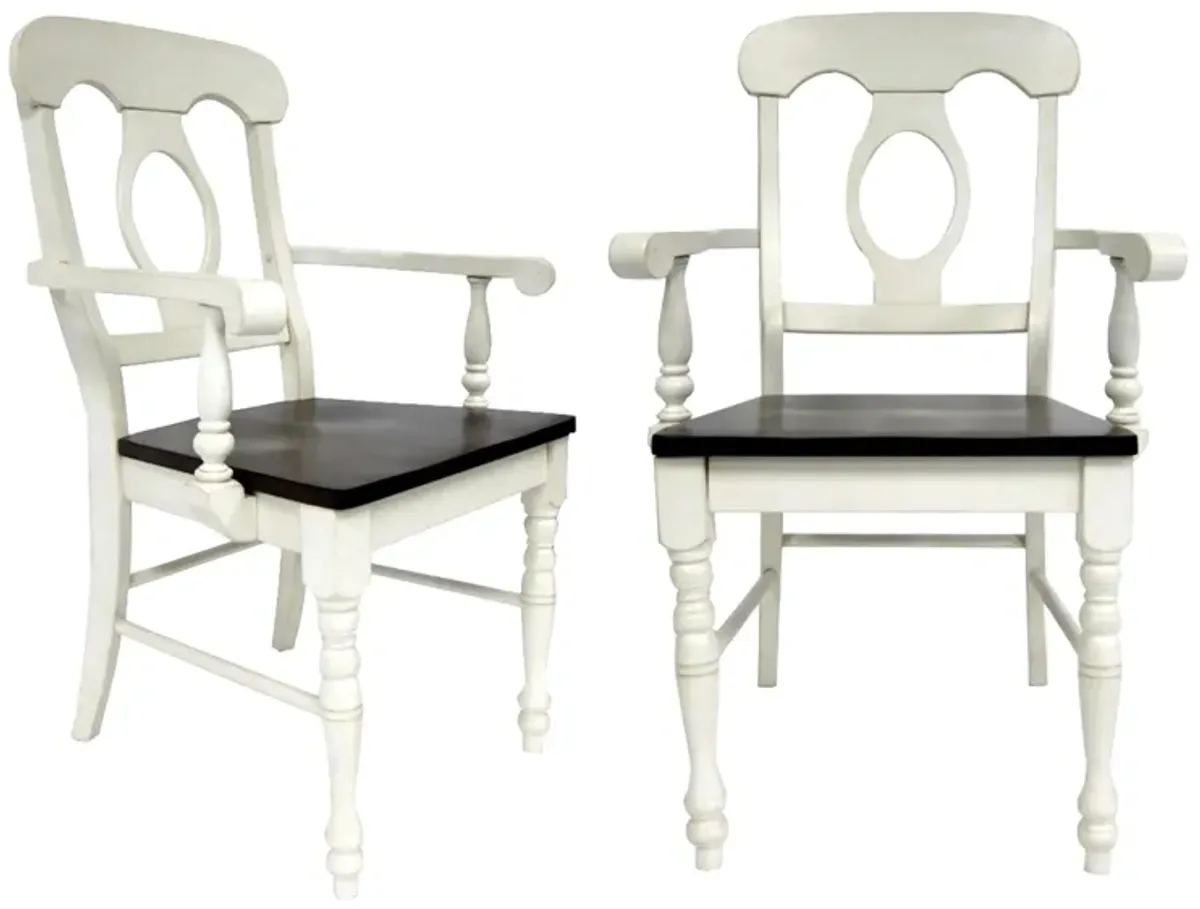 Fenway Napoleon Dining Chair with Arms Set of 2 in Distressed Antique White and Chestnut by Sunset Trading