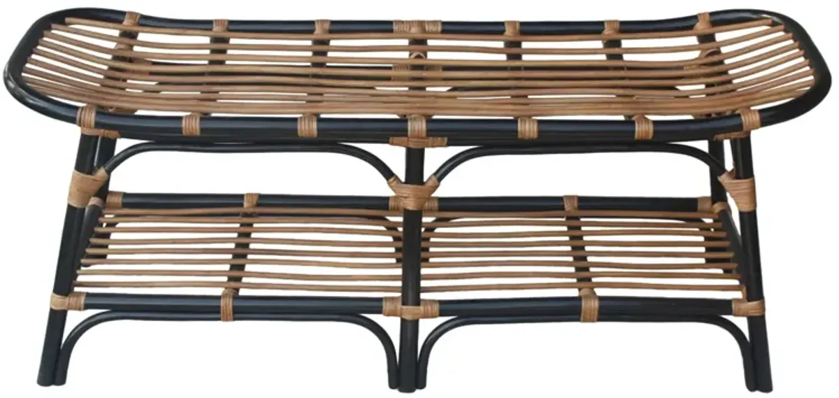 Damara Rattan Bench with Shelf in Black by New Pacific Direct