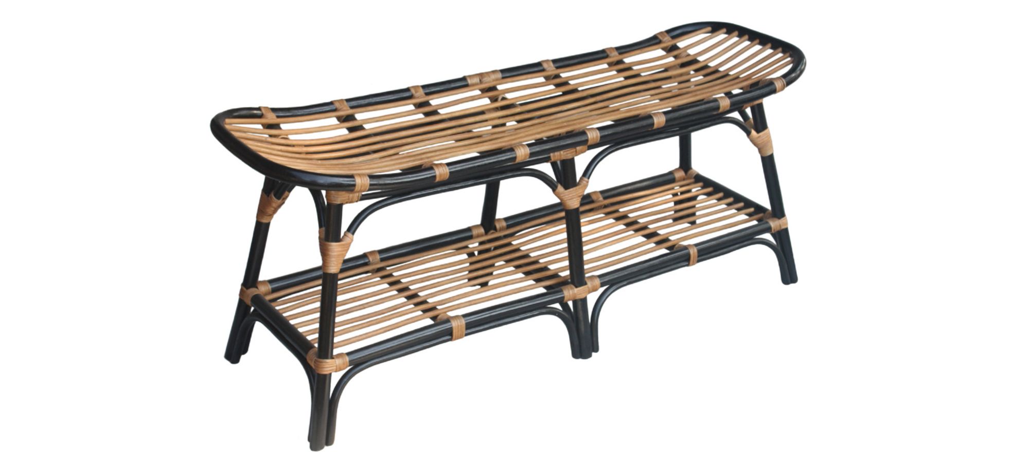 Damara Rattan Bench with Shelf in Black by New Pacific Direct