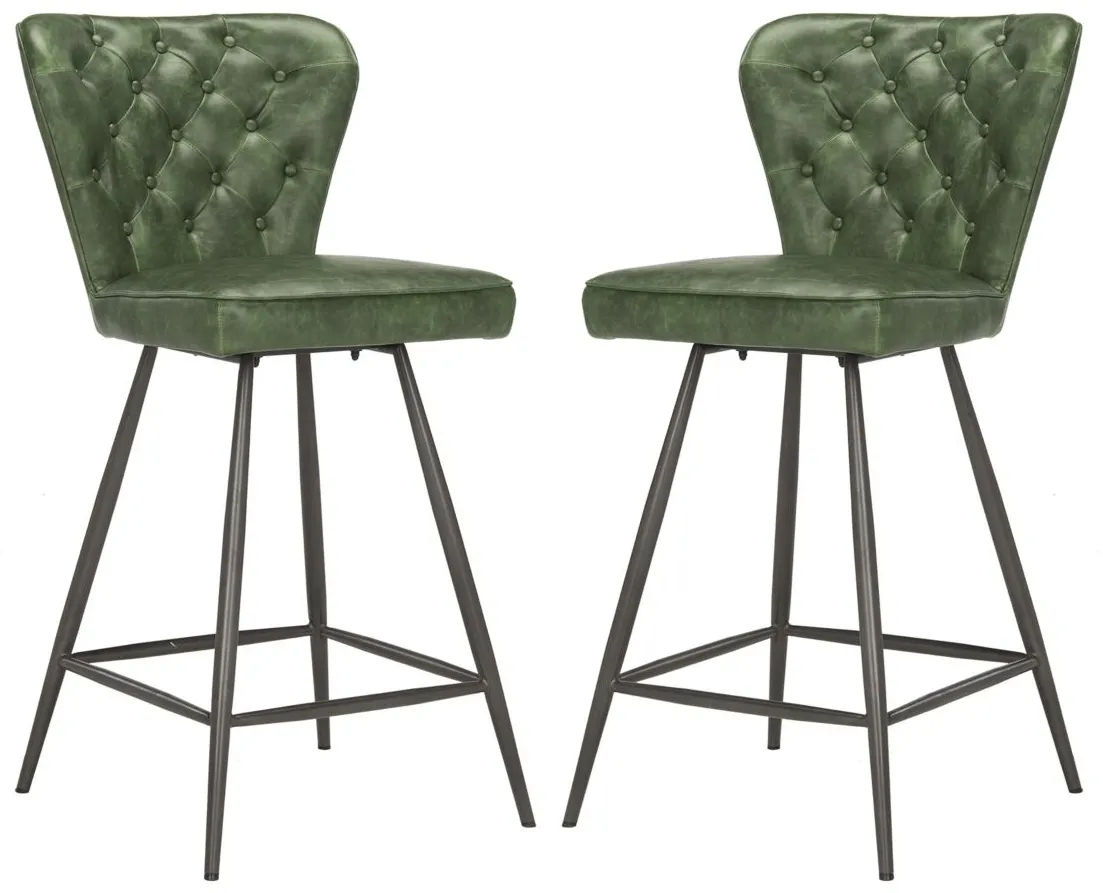 Kingford Tufted Swivel Counter Stool - Set of 2 in Green by Safavieh