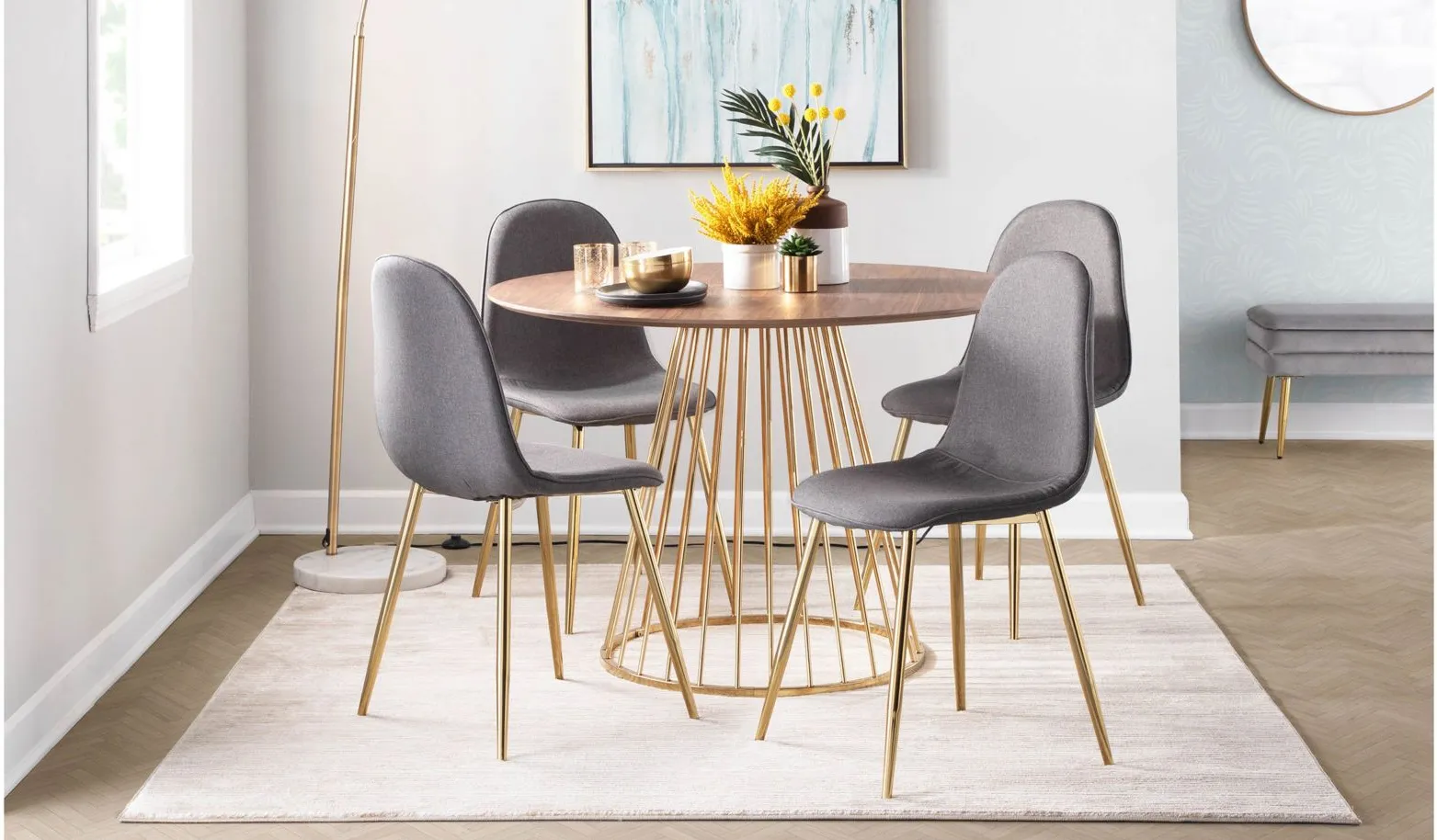 Pebble Dining Chairs: Set of 2 in Gold Steel, Charcoal Fabric by Lumisource