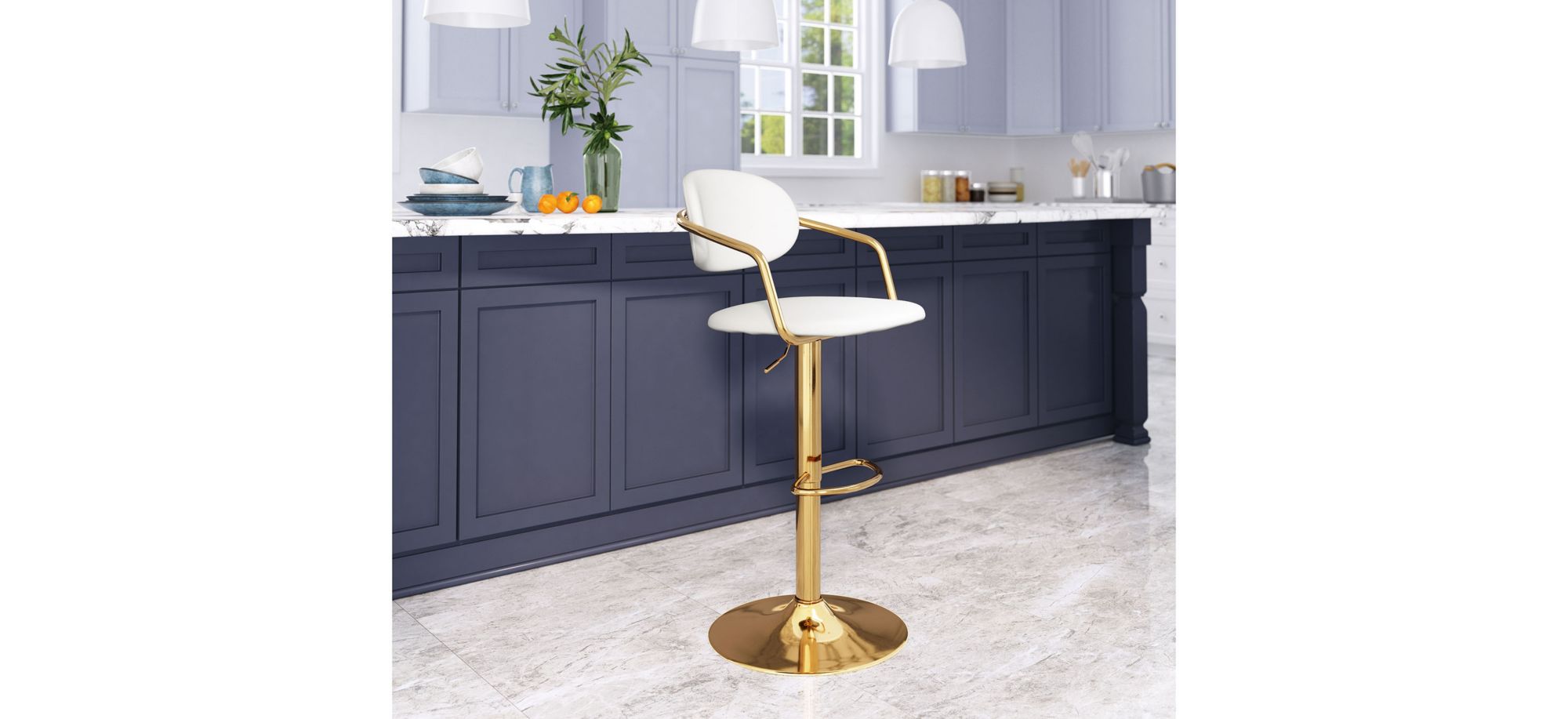 Gusto Bar Stool in White, Gold by Zuo Modern