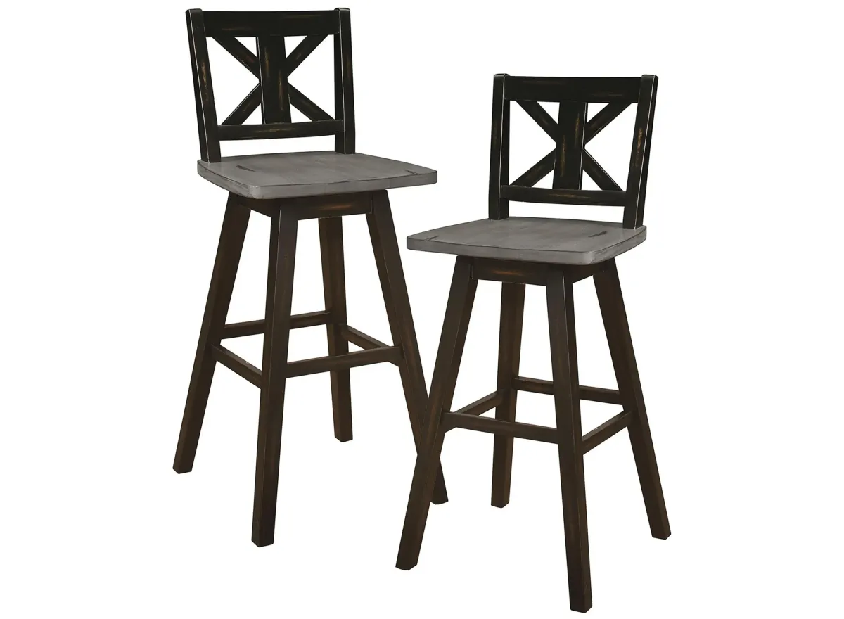 Trouvaille Bar Height Swivel Chair With Cross Back - Set of 2 in Distressed Gray and White by Homelegance