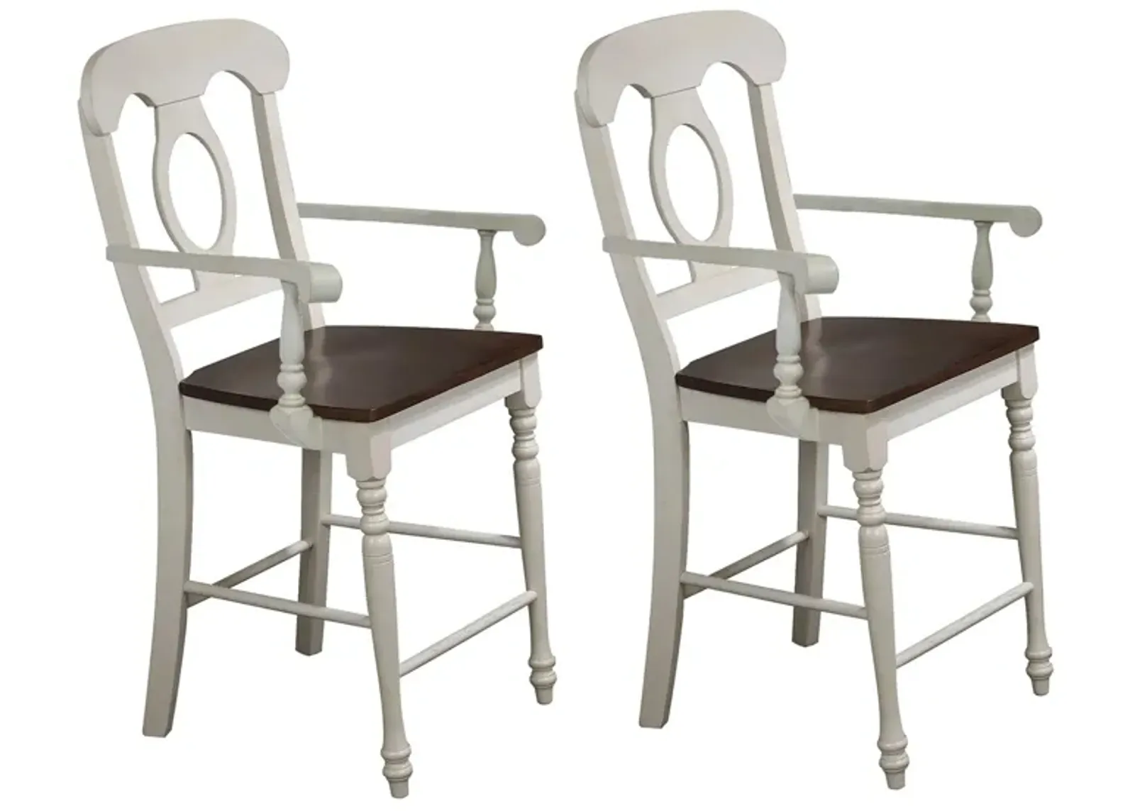 Fenway Napoleon Barstool with Arms Set of 2 in Distressed Antique White and Chestnut by Sunset Trading