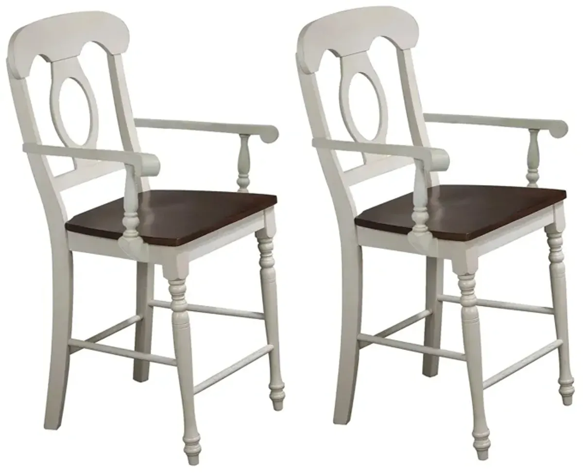 Fenway Napoleon Barstool with Arms Set of 2 in Distressed Antique White and Chestnut by Sunset Trading