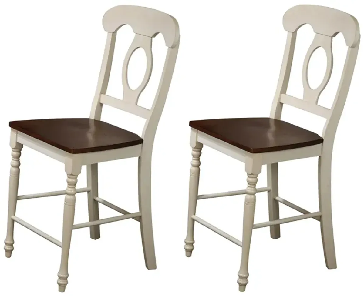 Fenway Napoleon Barstool Set of 2 in Distressed antique white with chestnut by Sunset Trading