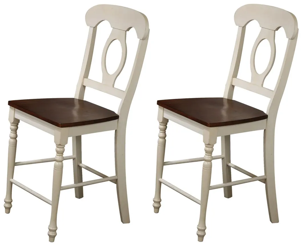 Fenway Napoleon Barstool Set of 2 in Distressed antique white with chestnut by Sunset Trading