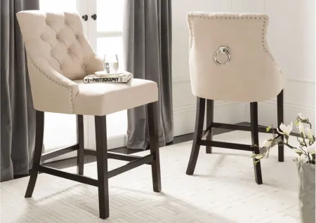 Eleni Tufted Wingback Counter Stool - Set of 2 in Beige by Safavieh