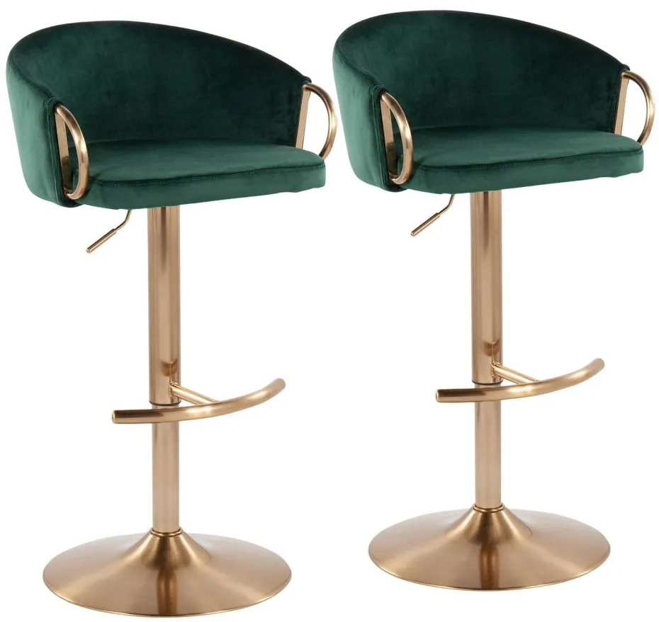 Claire Adjustable Barstool - Set of 2 in Gold Steel/Green Velvet by Lumisource