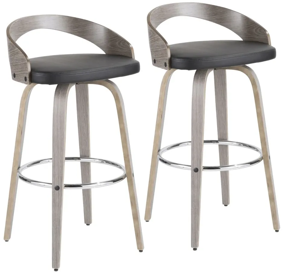 Grotto Barstools: Set of 2 in Light Grey Wood, Black PU, Chrome by Lumisource