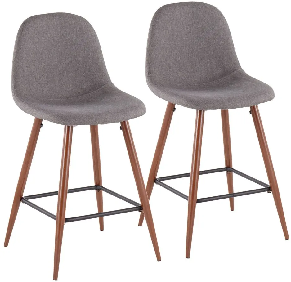 Pebble Counter Stools: Set of 2 in Walnut Metal, Charcoal Fabric by Lumisource