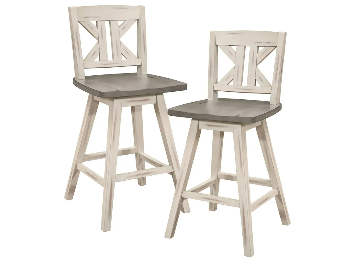 Trouvaille Counter Height Swivel Chair With K-Back - Set of 2 in Distressed Gray and White by Homelegance