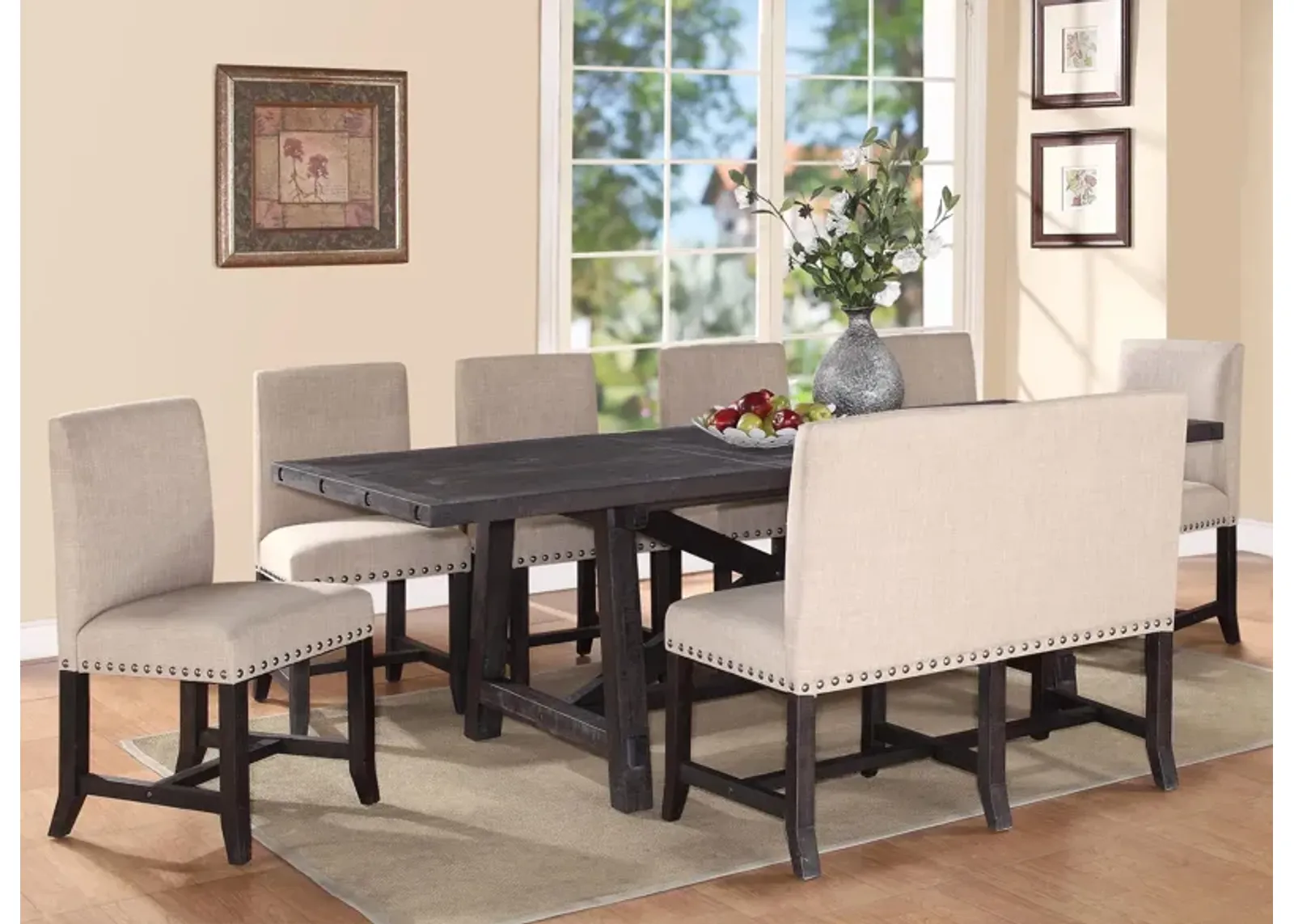 Zabela 8-pc. Dining Set w/ Bench and Upholstered Chairs in Beige/Gray by Bellanest