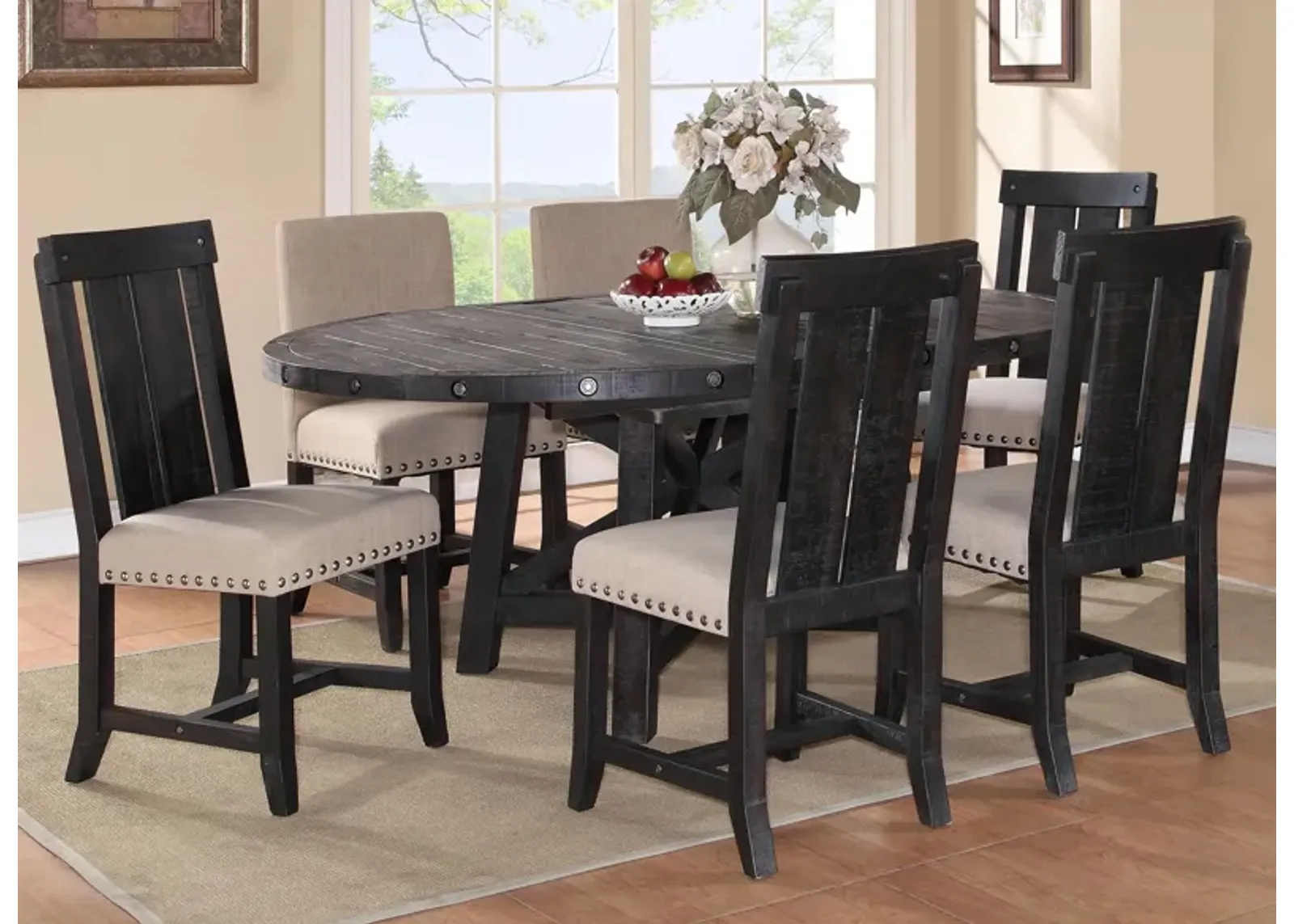 Zabela 7-pc. Round Dining Set w/ Upholstered Chairs in Beige/Gray by Bellanest