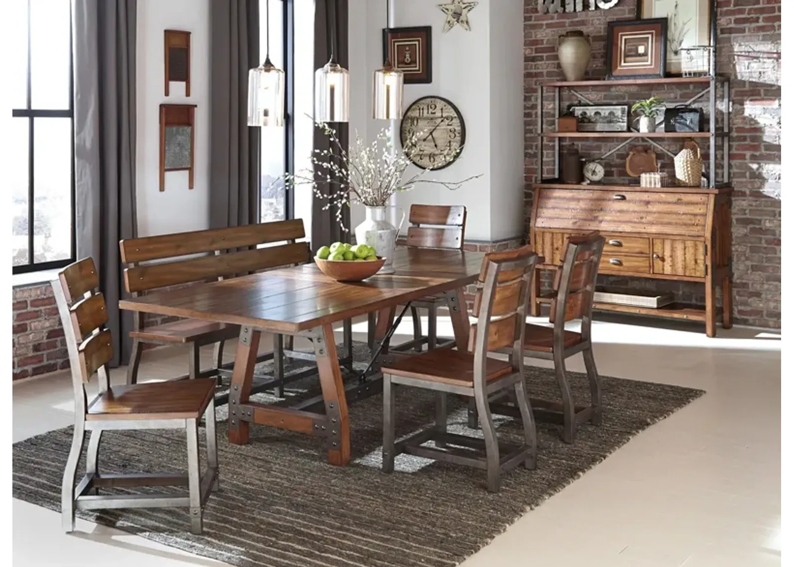 Dayton 6-pc. Dining Set With Bench in Rustic Brown with Gunmetal by Homelegance