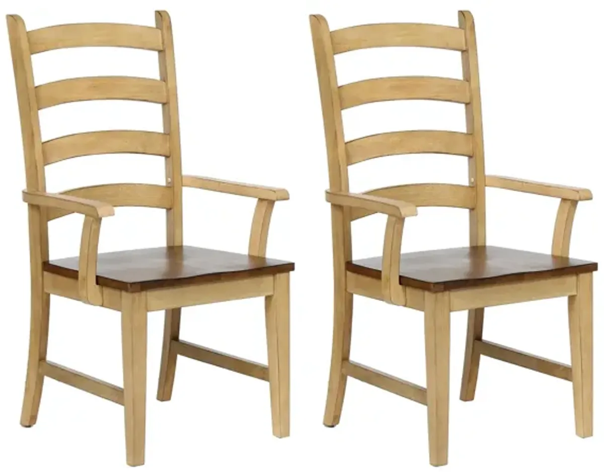 Brook Ladder Back Dining Arm Chair: Set of 2 in Wheat and Pecan by Sunset Trading