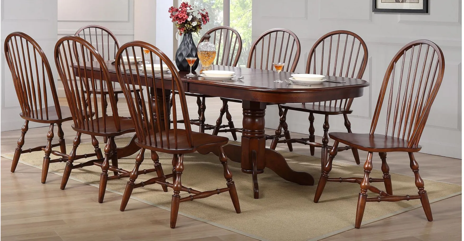 Fenway 9-pc. Dining Set w/ Pedestal Table in Chestnut by Sunset Trading