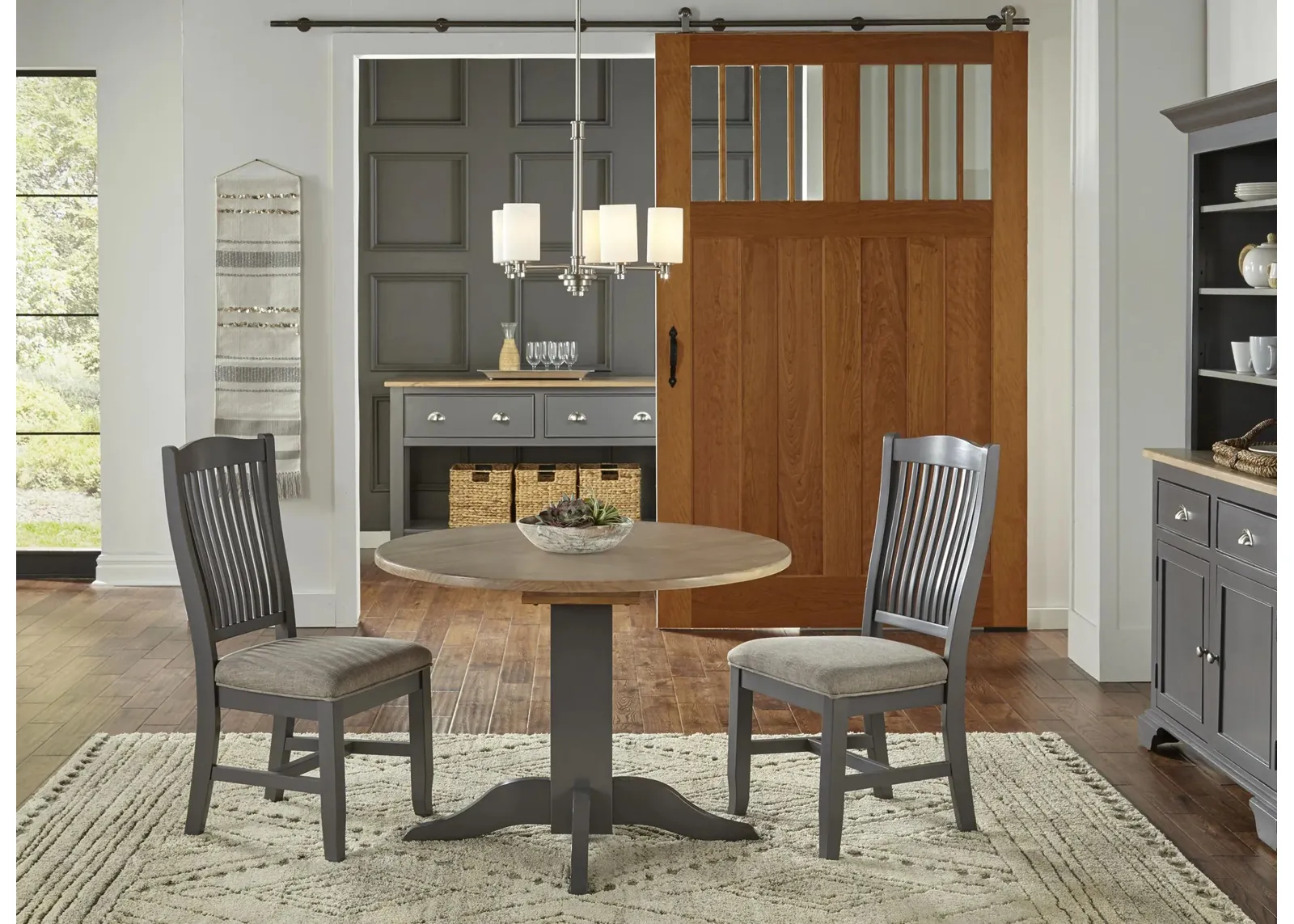 Port Townsend 3-pc. Round Drop-Leaf Upholstered Dining Set in Gull Gray-Seaside Pine by A-America