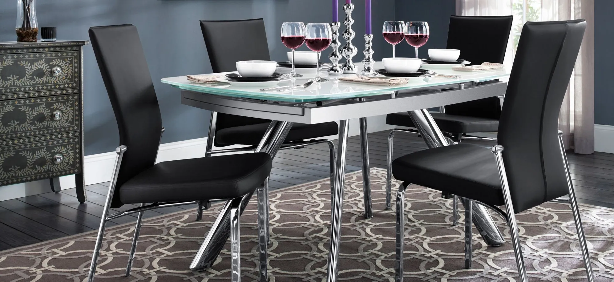 Paloma 5-pc. Glass Dining Set in Chrome / Glass / Black by Chintaly Imports