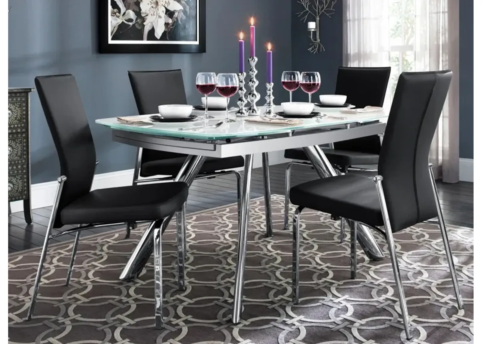 Paloma 5-pc. Glass Dining Set in Chrome / Glass / Black by Chintaly Imports